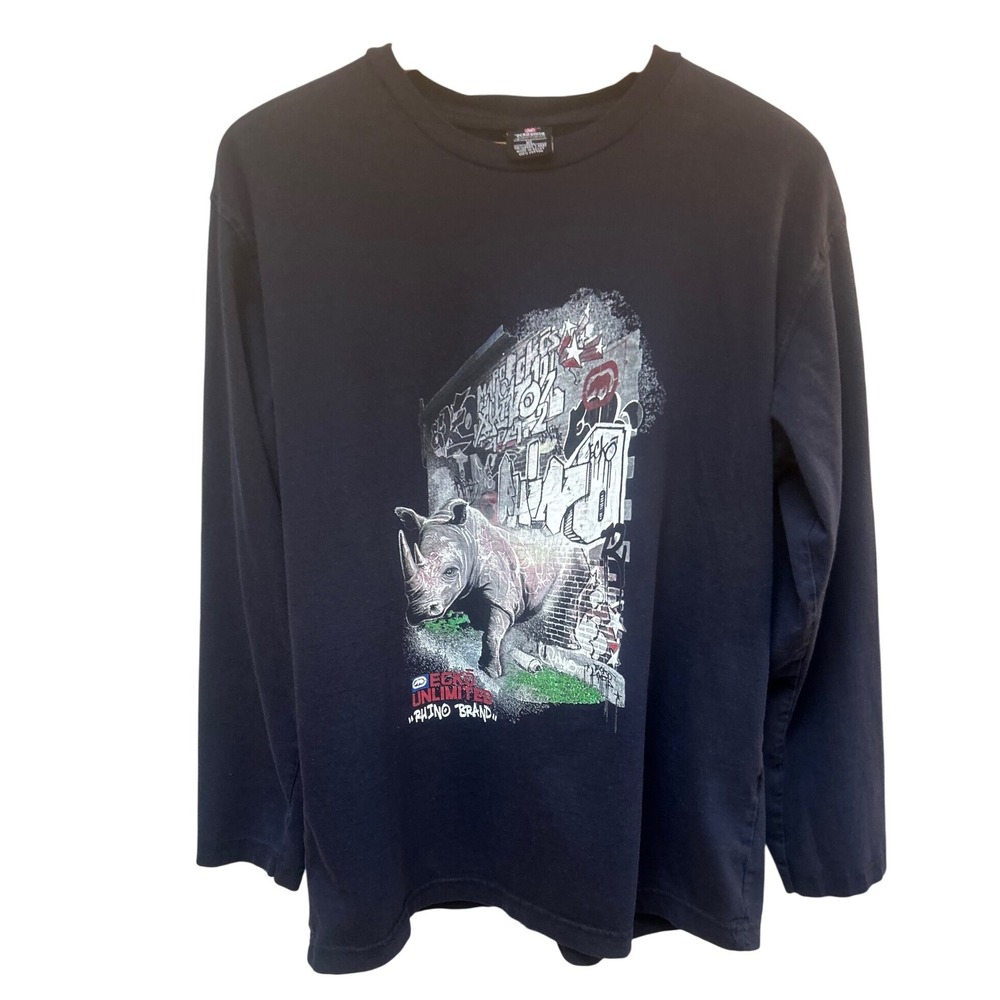 Ecko Unlimited Mens Long Sleeve Rhino Graphic T Shirt XL Navy Blue Streetwear
